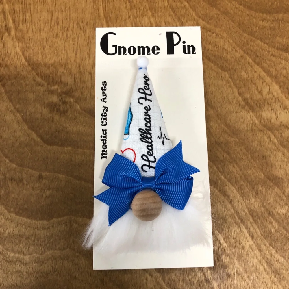 Healthcare Hero Gnome Pin Brooch Handmade Gift Guide Bow Magnetic Medical - Picture 1 of 4